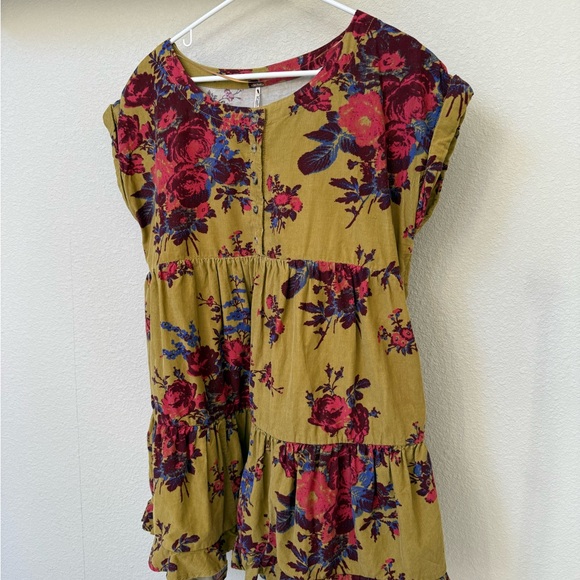 Free People Harper Mini Dress Floral Velvety Cord Ruffle Gold Rose Blue Medium - Picture 4 of 4